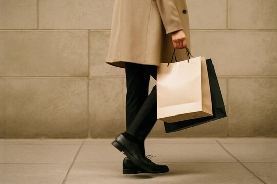 Man holding shopping bags in both hands, walking confidently through urban setting. Casual yet purposeful, post-shopping moment in everyday city life or retail scene