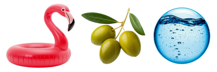 Flamingo float olive branch water globe summer vacation tropical Mediterranean spa wellness concept on a transparent background.