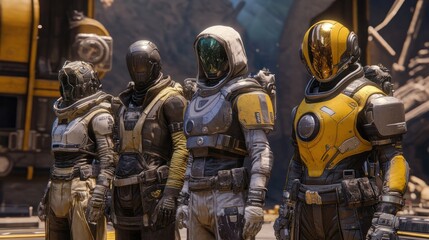 Fototapeta premium Group of four characters in futuristic armor.