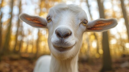 Playful goat in autumnal forest