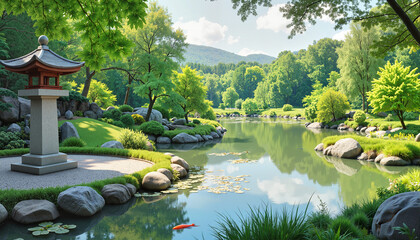 Fototapeta premium Tranquil Japanese garden with pond, greenery, and stone lantern 
