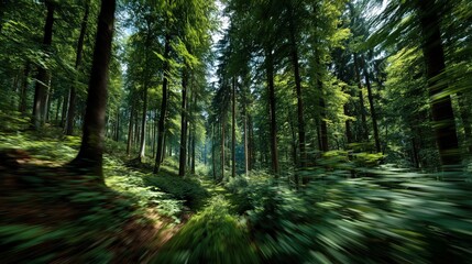 motion blur through lush green forest