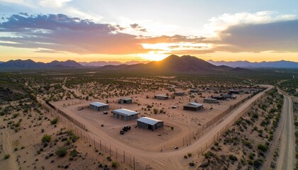 Aerial view of a desert border zone with military outposts, barbed wire, and abandoned vehicles under dramatic sunset lighting, symbolic of geopolitical tension