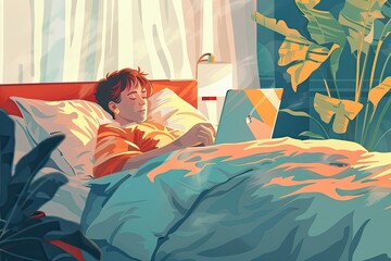Illustration Happy Homey Sleepy Person Lying in Bed Browsing Laptop Smartphone Lazy Morning Evening