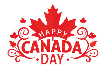 of Red Maple Leaf with Happy Canada Day Text and Swirls on White