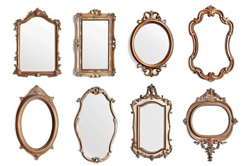 Clear Pixel Image of Wooden Frame Mirrors with Distinct Artistic Styles Set