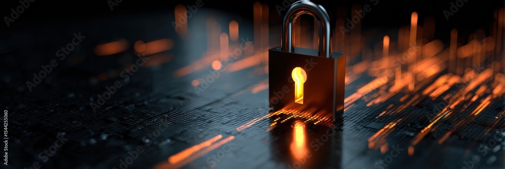 Aufkleber visualizing cyber security with a glowing lock and digital data representation in a modern setting