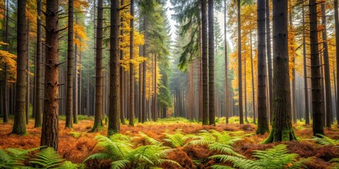 Dense Spruce forest with tall trees surrounded by underbrush and ferns in autumn