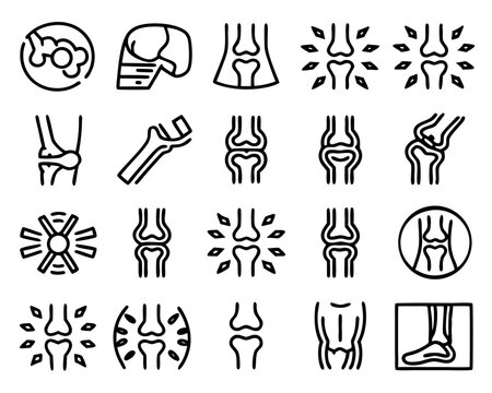 Black line art icon of a knee joint with arthritis pain isolated on transparent background