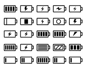 Collection of battery charging status icons isolated on transparent background