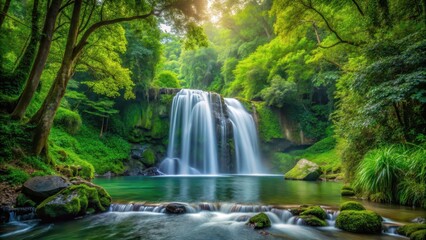 Obraz premium Waterfall amidst lush greenery in the woods
