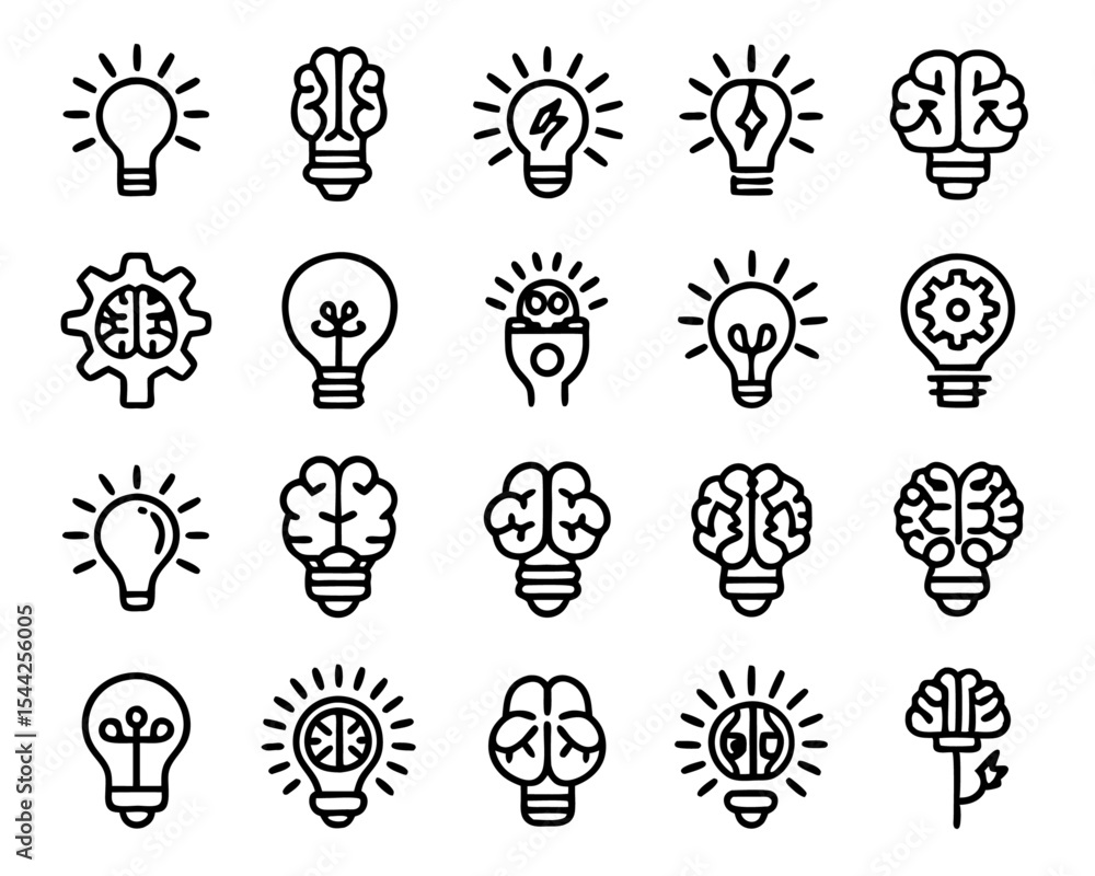 Poster Creative brain idea concept with light bulb and gears isolated on transparent background
