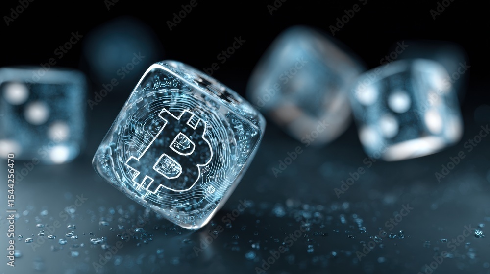 Poster cryptocurrency icon rolling on screen like dice creating an innovative tech experience in a digital 
