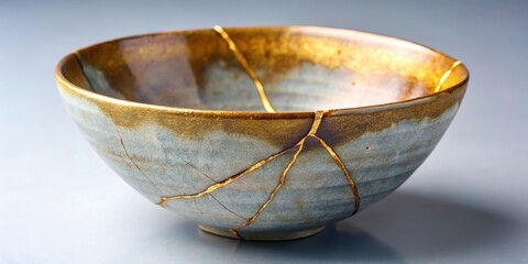 Delicate ceramic bowl with vibrant golden repair lines accentuating its natural cracks