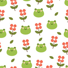 cute drawing cartoon frog with flowers and leaves, seamless pattern. animal pattern in white background for wallpaper