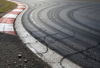 Fototapeta premium Realistic Asphalt Racing Track Corner with Detailed Tire Skid Marks and Red-White Curbs