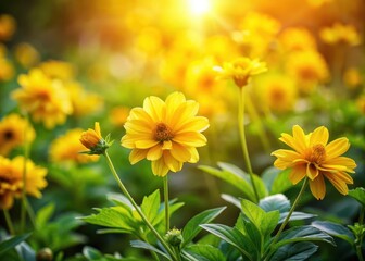 Obraz premium Yellow flower bloom in a garden with greenery and sunlight filtering through leaves