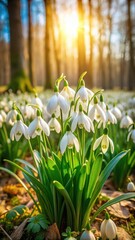 Fototapeta premium Delicate Snowdrops bloom in clusters amidst towering forest trees with sunlit dappled shade and fresh green foliage spring growth