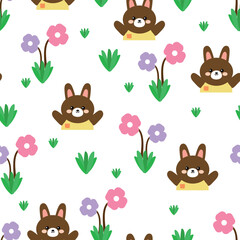 cute drawing cartoon rabbit with flowers and leaves, seamless pattern. animal pattern in white background for wallpaper