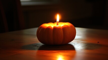 Small pumpkin candle burning