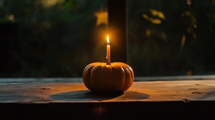 Small pumpkin candle on wooden table at dusk
