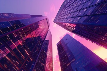 High Resolution of Modern Skyscrapers with Purple Evening Sky