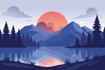 Serene Mountain Lake Illustration with Sunset Reflection, Trees, and Cloudy Sky Scenery