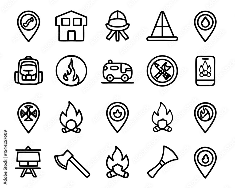 Poster thin line fire location icon set isolated on transparent background