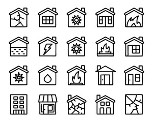Thin line art house damage icons collection isolated on transparent background