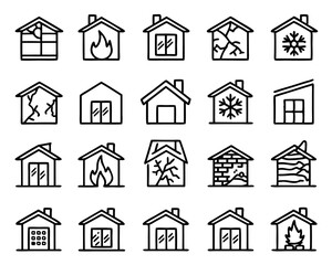 Thin line art collection of house damage icons isolated on transparent background