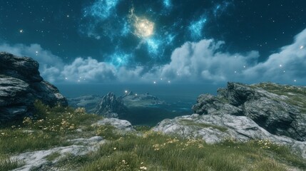 Night landscape with mountains and starry sky