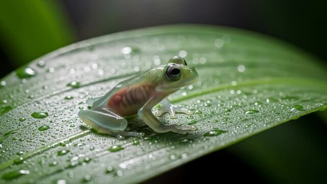 Translucent Glass Frog Resting on a Dew-Kissed Leaf in a Lush Rainforest Habitat