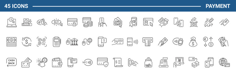 Payment set of web icons in line style. Business and finance payment icons for web and mobile app. Credit card, money, banking, exchange, cash and transaction, NFC. Vector illustration