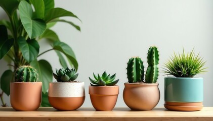 Fototapeta premium Stylish home jungle interior Diverse cacti, succulents, air plants in unique pots , greenery, air plants
