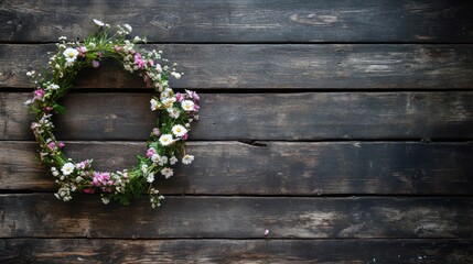 Floral wreath on wooden planks