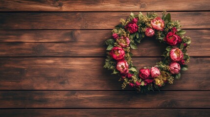 Floral wreath on rustic wood