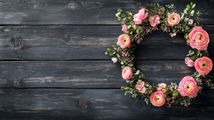 Pink floral wreath on dark wood