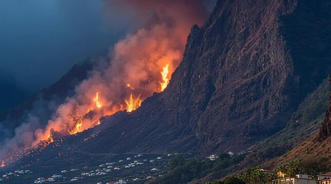 A dangerous lava or pyroclastic flow coming down a mountain near a village after a volcanic eruption threatening to destroy a village.