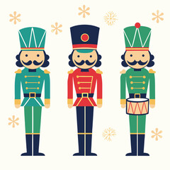 Festive illustration of three colorful cartoon nutcracker soldiers with decorative holiday elements