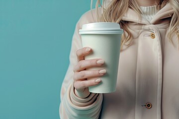 Premium Quality Picture of Woman Holding a Take Away Paper Coffee Cup on Blue Background Close Up