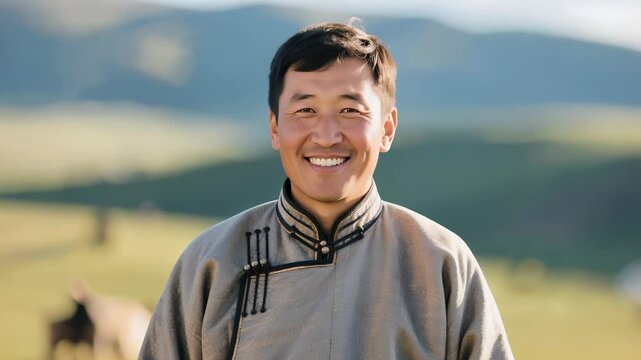 A close-up of a smiling middle-aged Mongolian herdsman