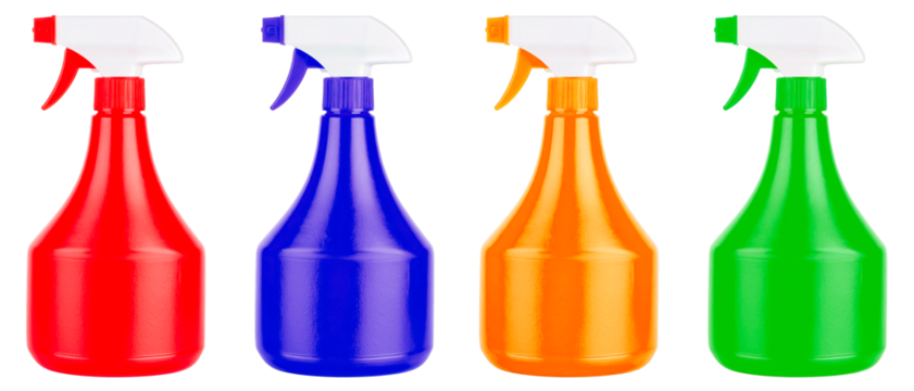 group of colorful plastic spray bottle isolated on white background