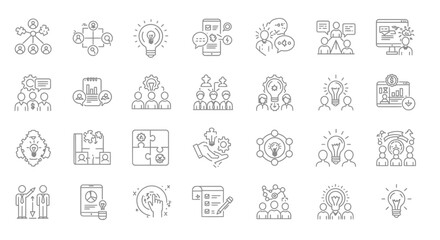 Teamwork and brainstorming concept represented by a set of outlined icons, linear style