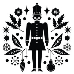 Stylized black and white illustration of a nutcracker soldier surrounded by festive christmas elements