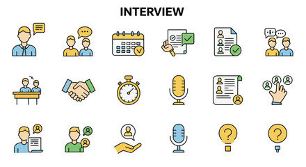 Collection of colorful interview icons depicting various stages and essential tools
