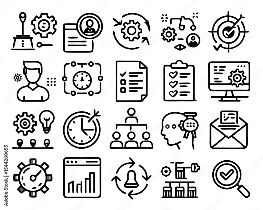 Poster comprehensive project management icon set isolated on transparent background