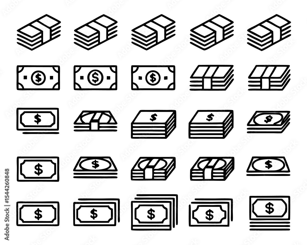 Poster thin line art icon of a stack of bills isolated on transparent background