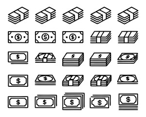 Thin line art icon of a stack of bills isolated on transparent background