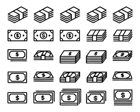 Thin line art icon of a stack of bills isolated on transparent background