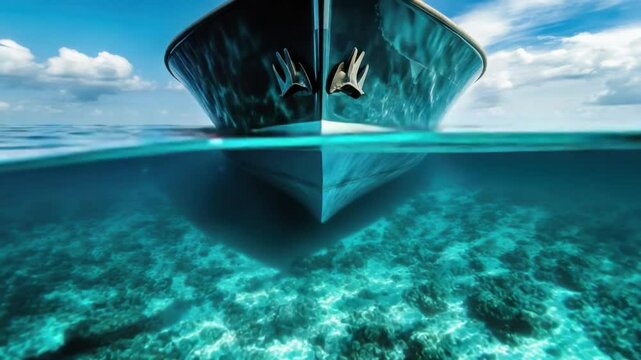 Ocean Cruiser: A majestic yacht cuts through the crystal-clear waters, showcasing the seamless blend of design and the marine realm. Undulating under the surface.